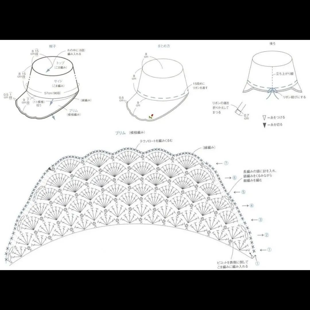 Sơ đồ móc len mũ xám thời trang với viền hoa văn và nịt dây