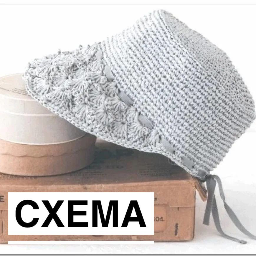 Sơ đồ móc len mũ xám thời trang với viền hoa văn và nịt dây