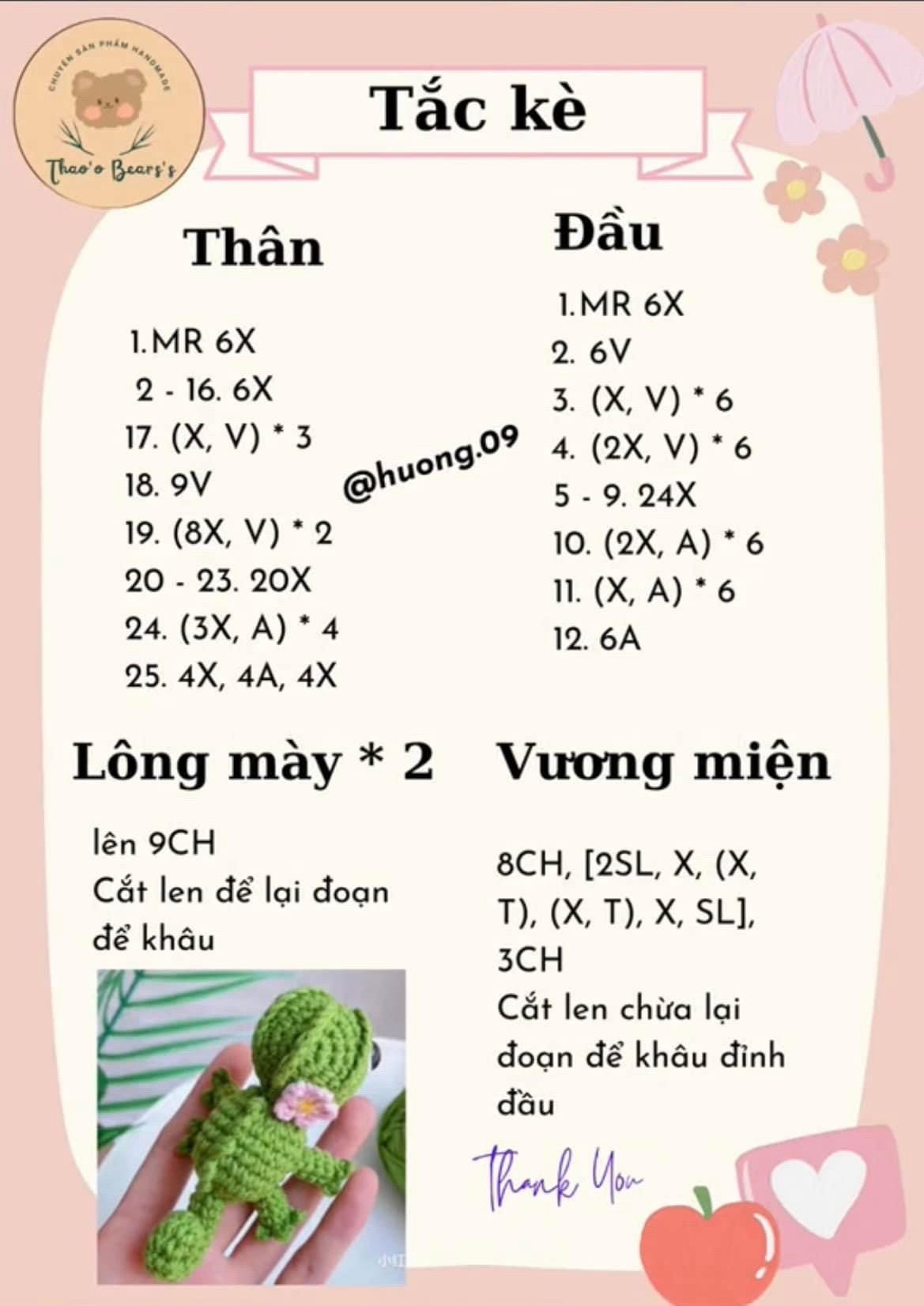 Sơ đồ móc len Tắc kè xanh hoa hồng