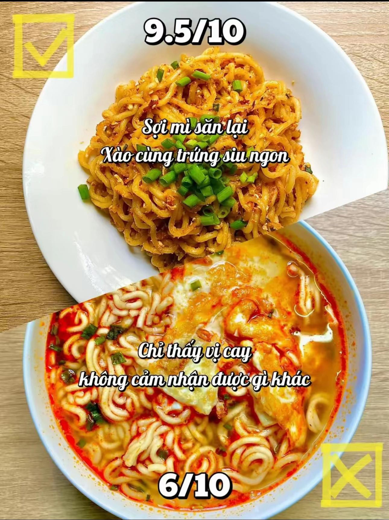 So sánh mì SiuKay: Mì xào cùng trứng giòn dai ngon tuyệt vs Mì nấu súp trứng ốp la