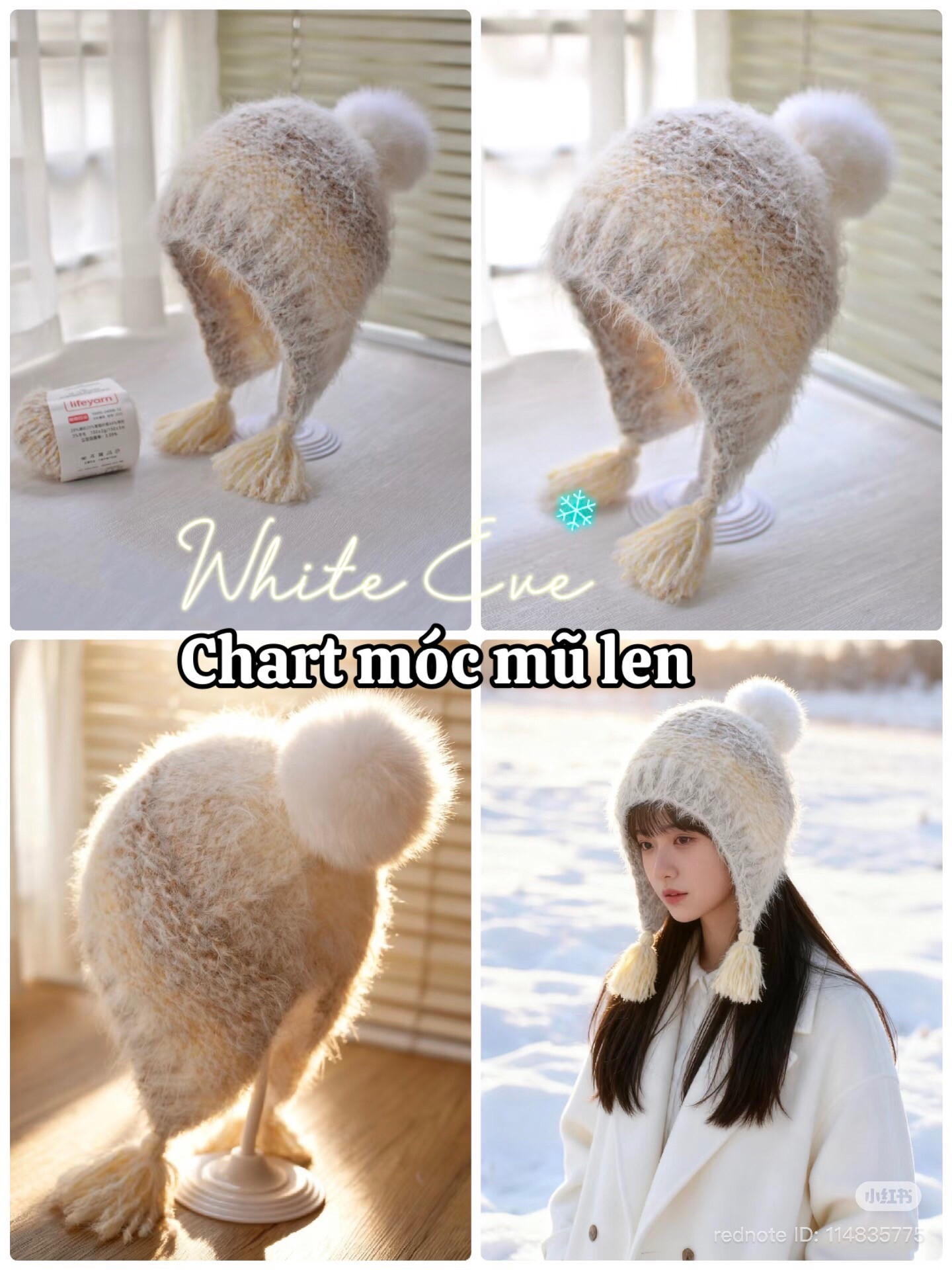 Soft fluffy cream earflap hat knitting pattern with pom pom