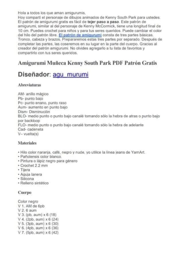 South Park Kenny Amigurumi Muñeca PDF Patrón Gratis