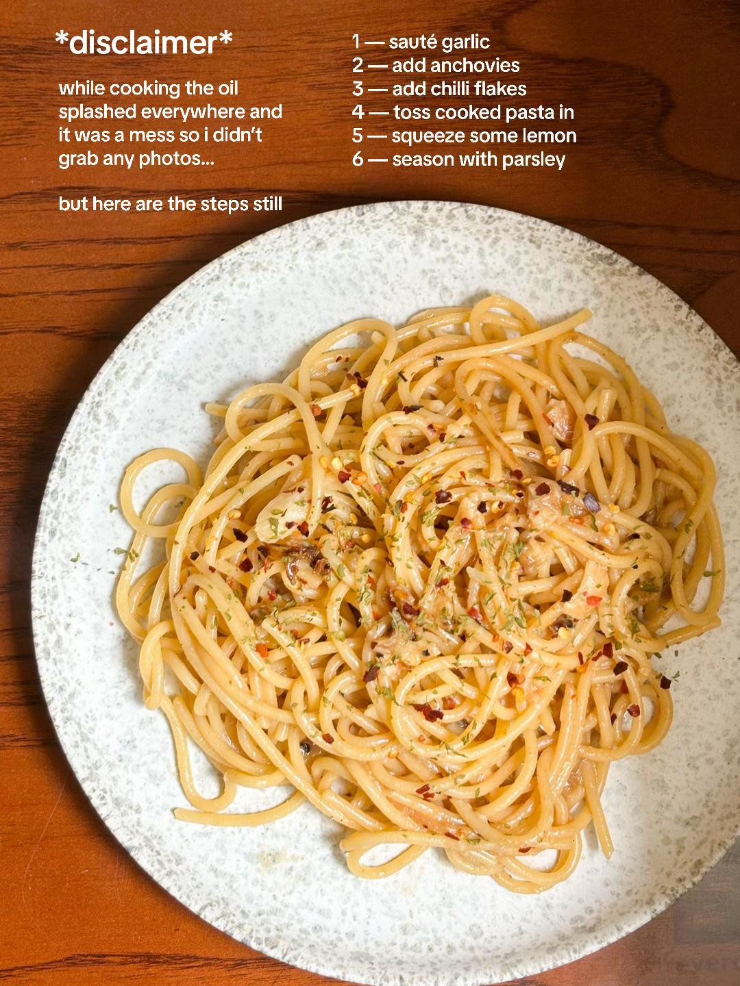 Spicy Anchovy Pasta with Roasted Garlic, Chilli Flakes and Parsley