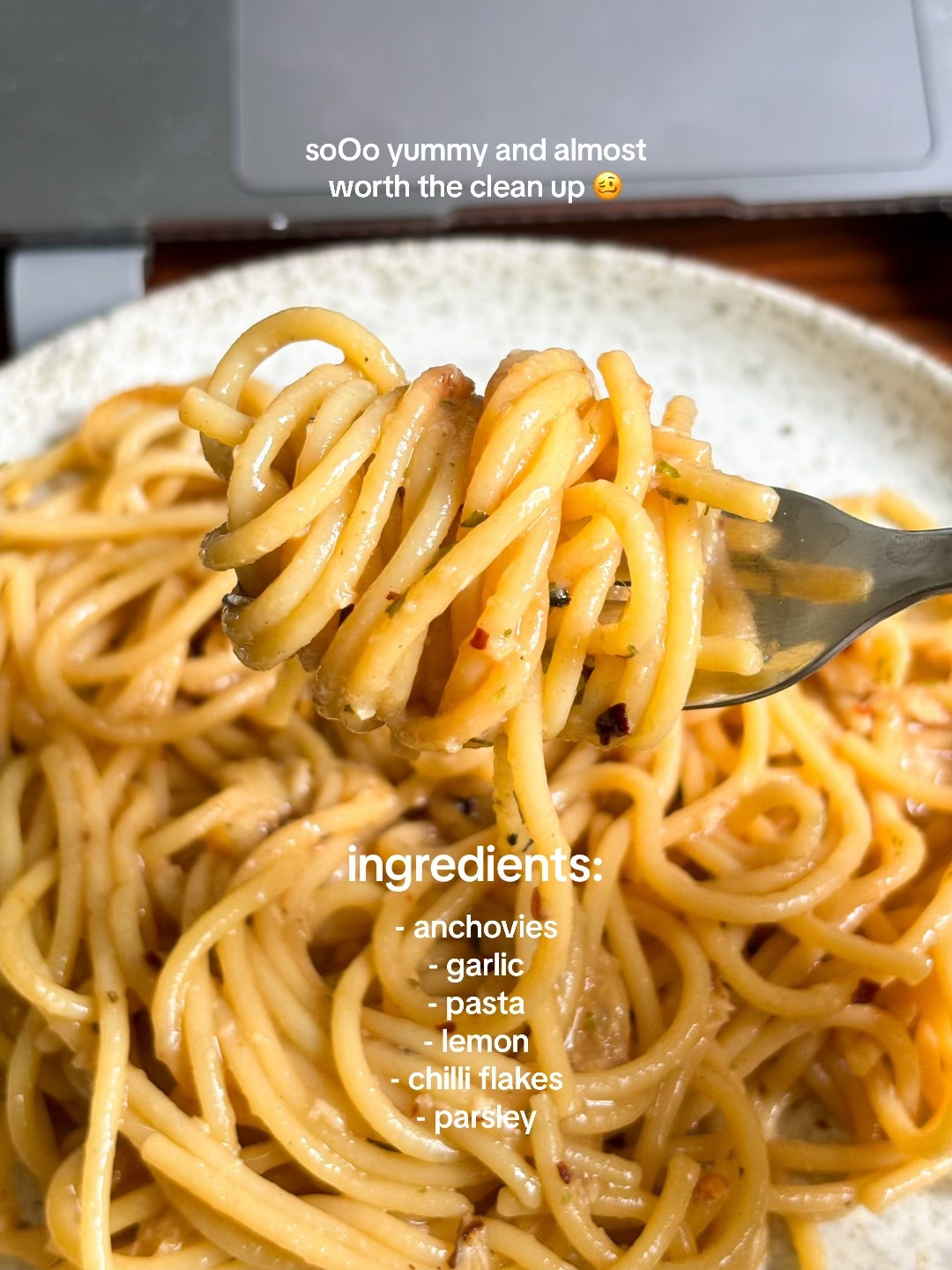 Spicy Anchovy Pasta with Roasted Garlic, Chilli Flakes and Parsley