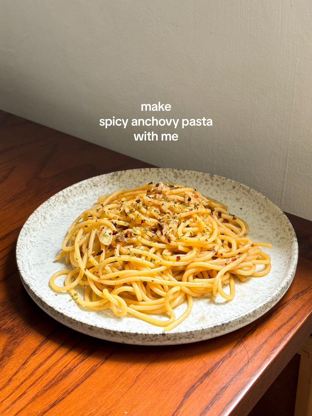 Spicy Anchovy Pasta with Roasted Garlic, Chilli Flakes and Parsley