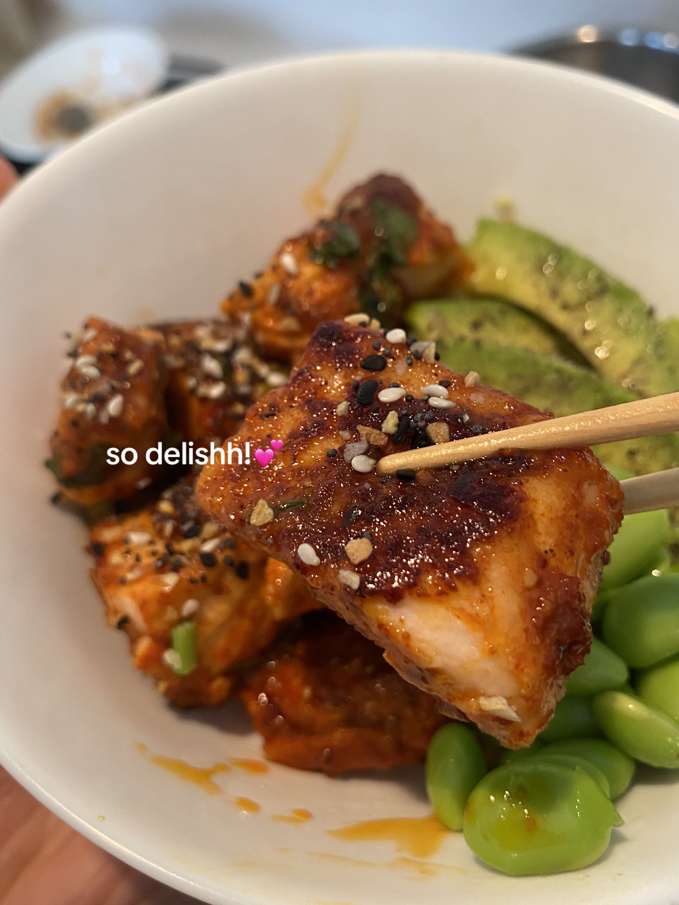 Spicy Honey Sriracha Salmon Bowl with Edamame and Avocado