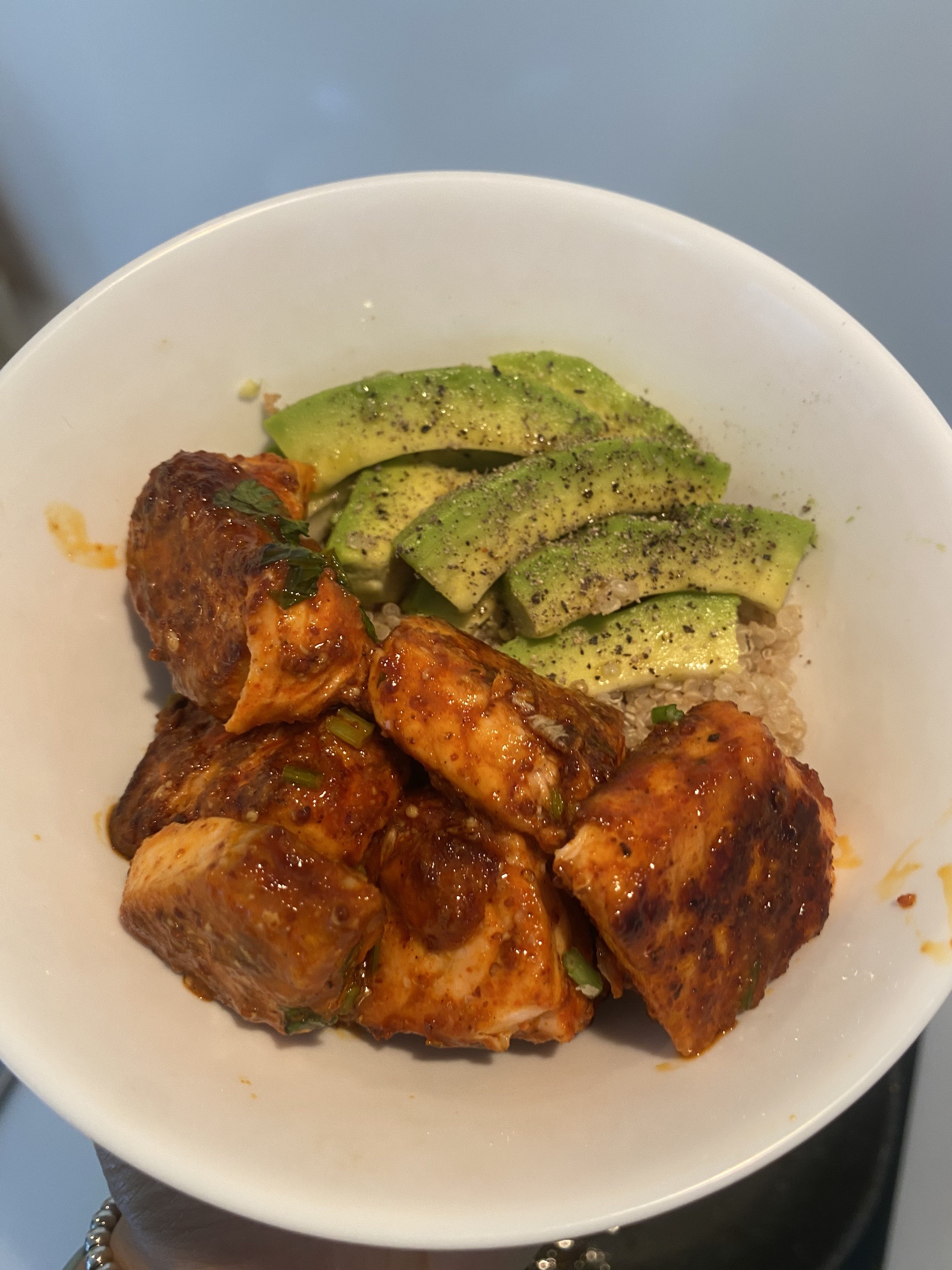 Spicy Honey Sriracha Salmon Bowl with Edamame and Avocado