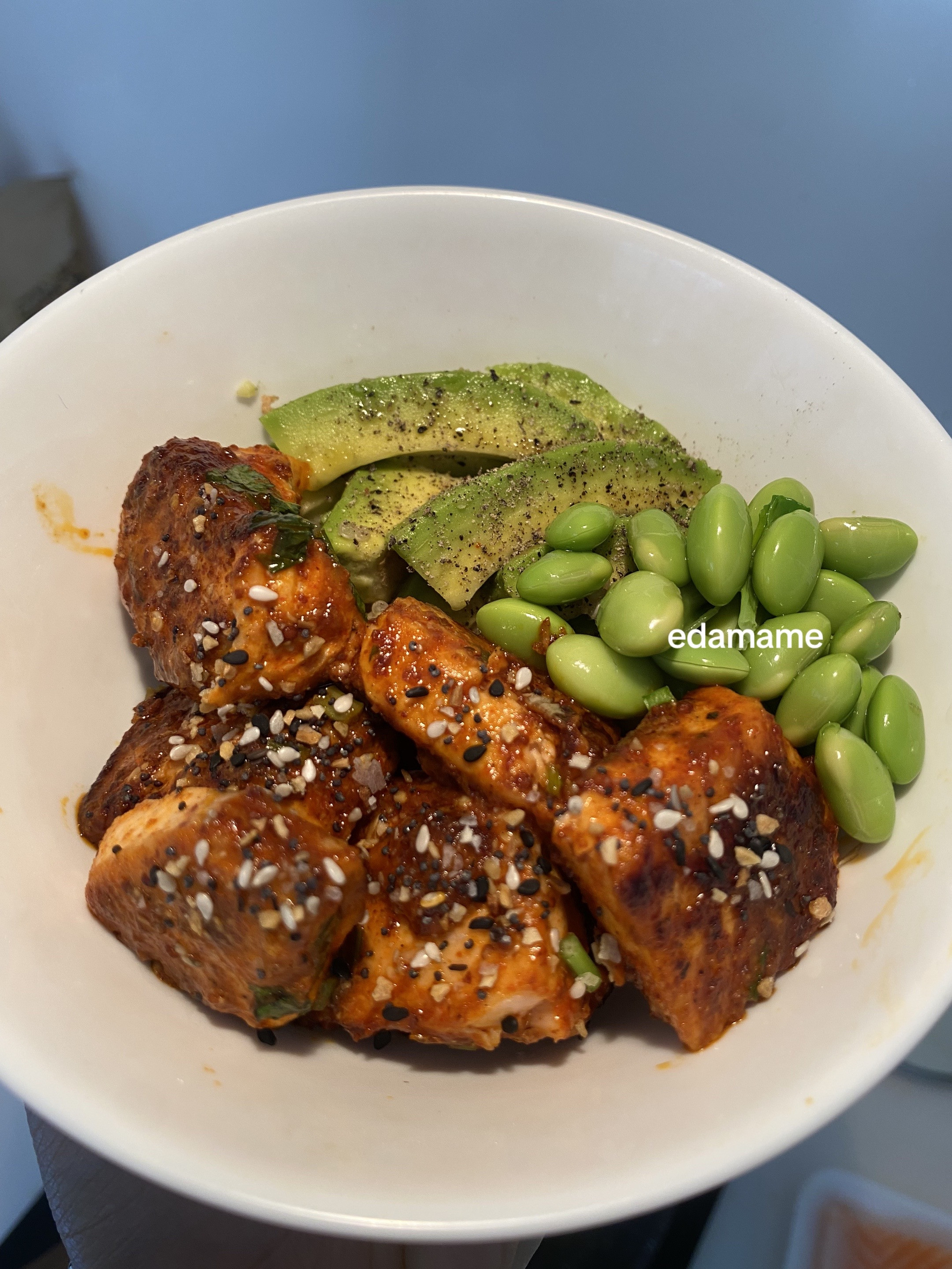 Spicy Honey Sriracha Salmon Bowl with Edamame and Avocado