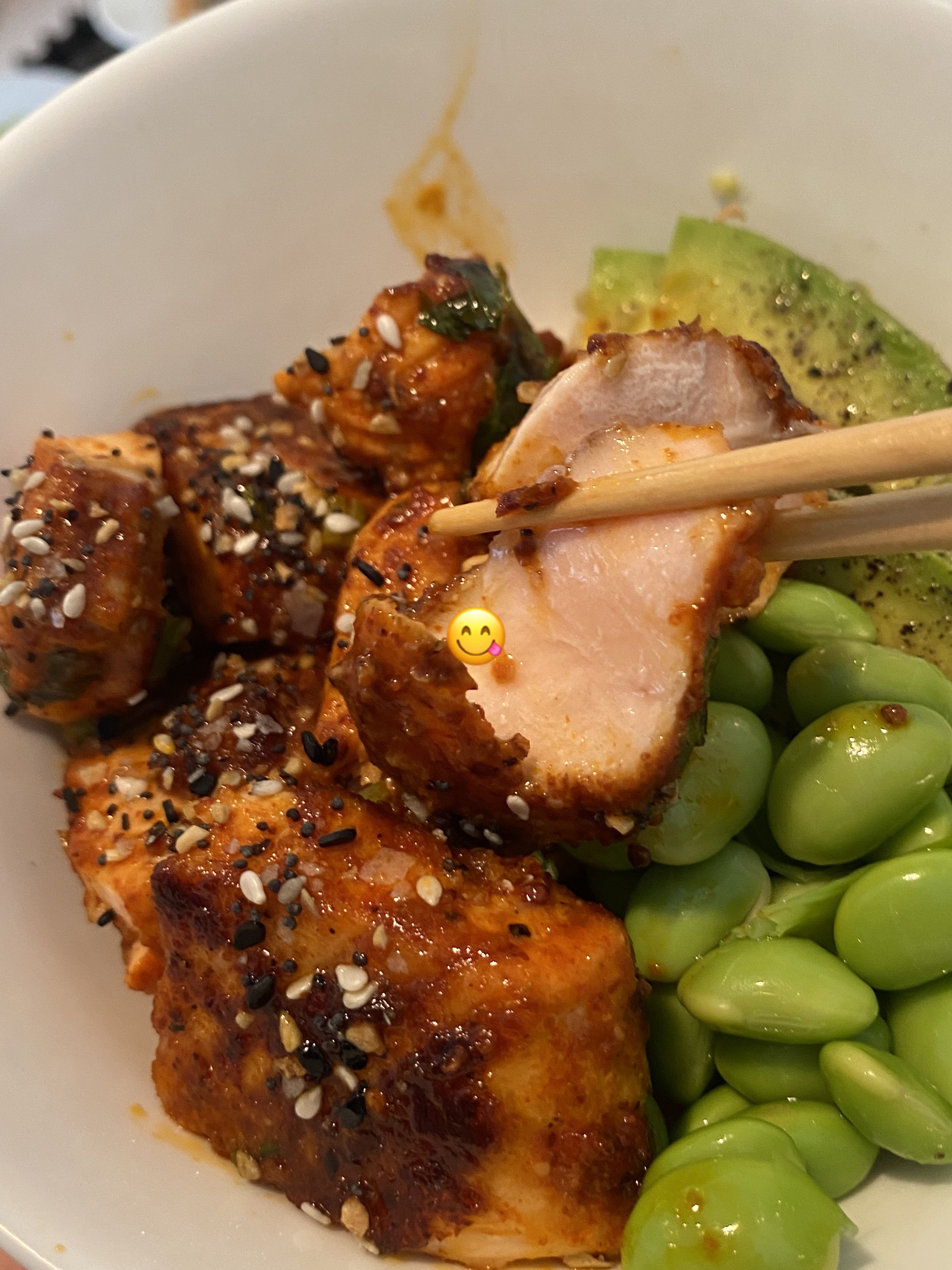 Spicy Honey Sriracha Salmon Bowl with Edamame and Avocado
