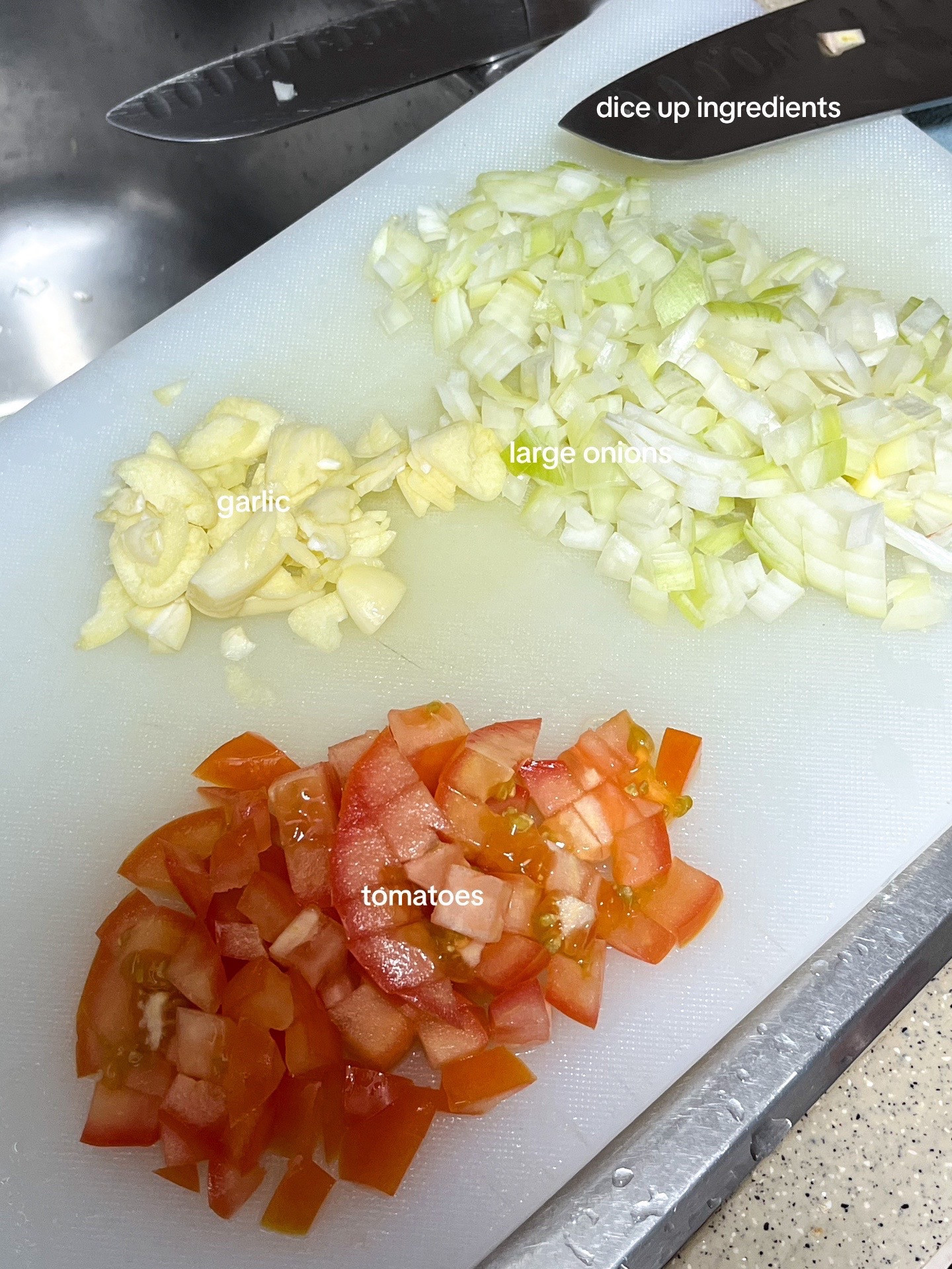 Spicy Tomato Cream Pasta Recipe: Diced onions, garlic, tomatoes