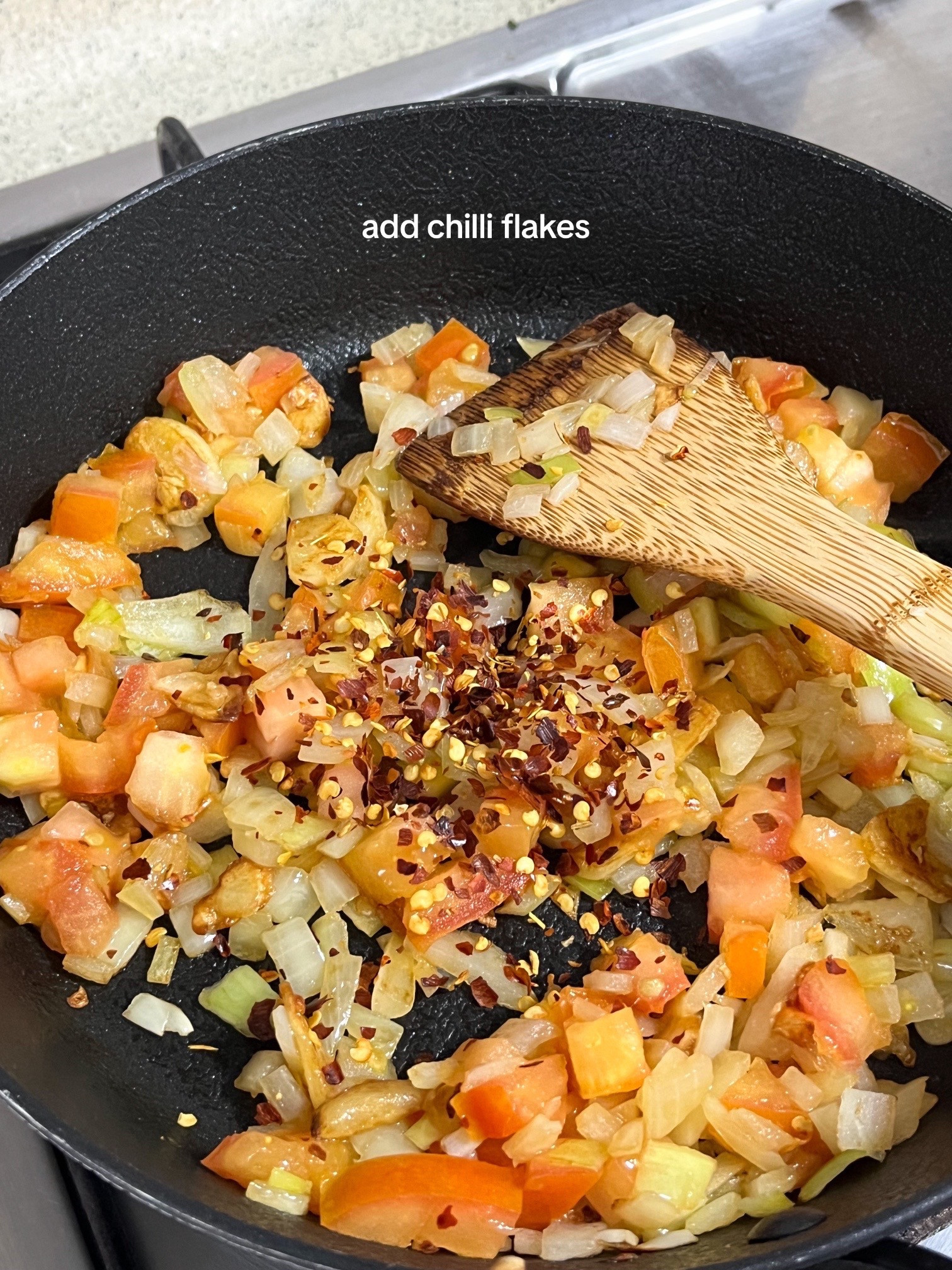 Spicy Tomato Cream Pasta Recipe: Diced onions, garlic, tomatoes