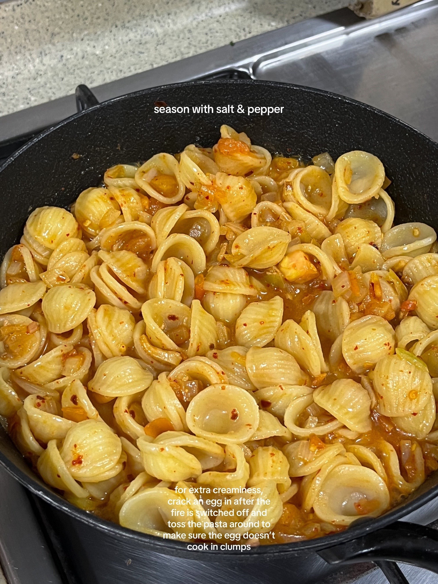 Spicy Tomato Cream Pasta Recipe: Diced onions, garlic, tomatoes