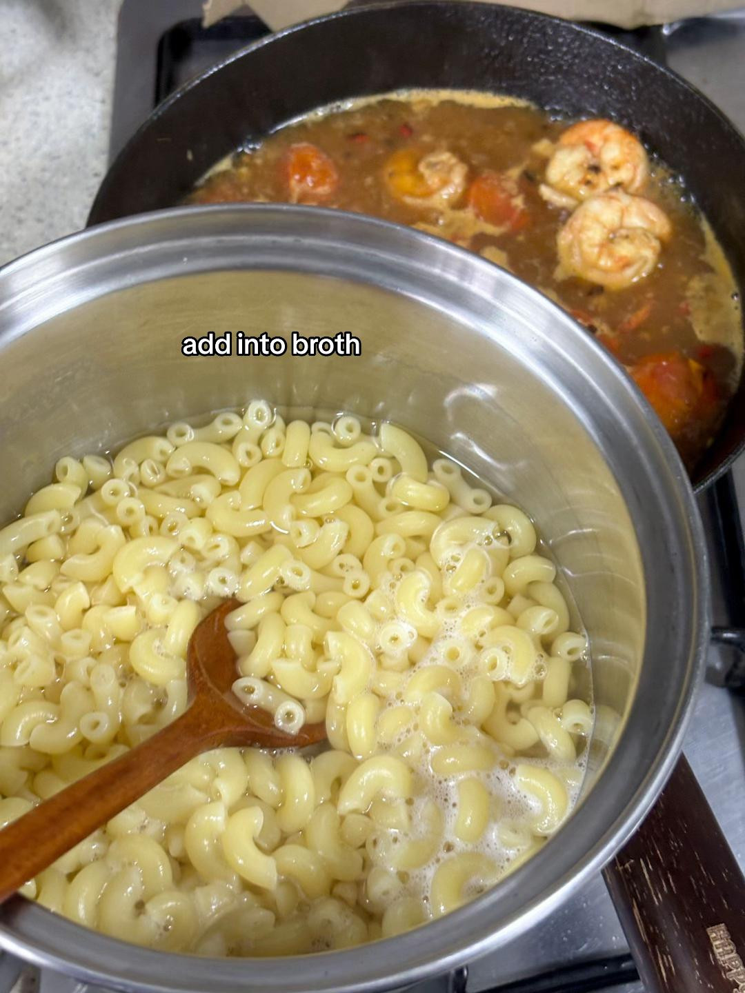Spicy Tomato Garlic Macaroni Soup with Prawns