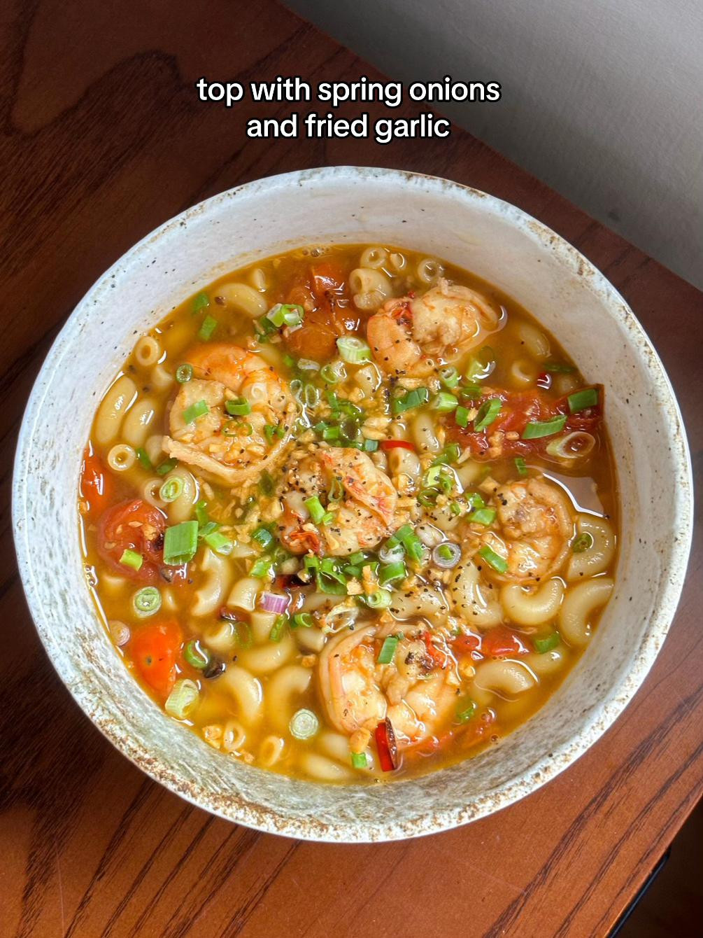 Spicy Tomato Garlic Macaroni Soup with Prawns