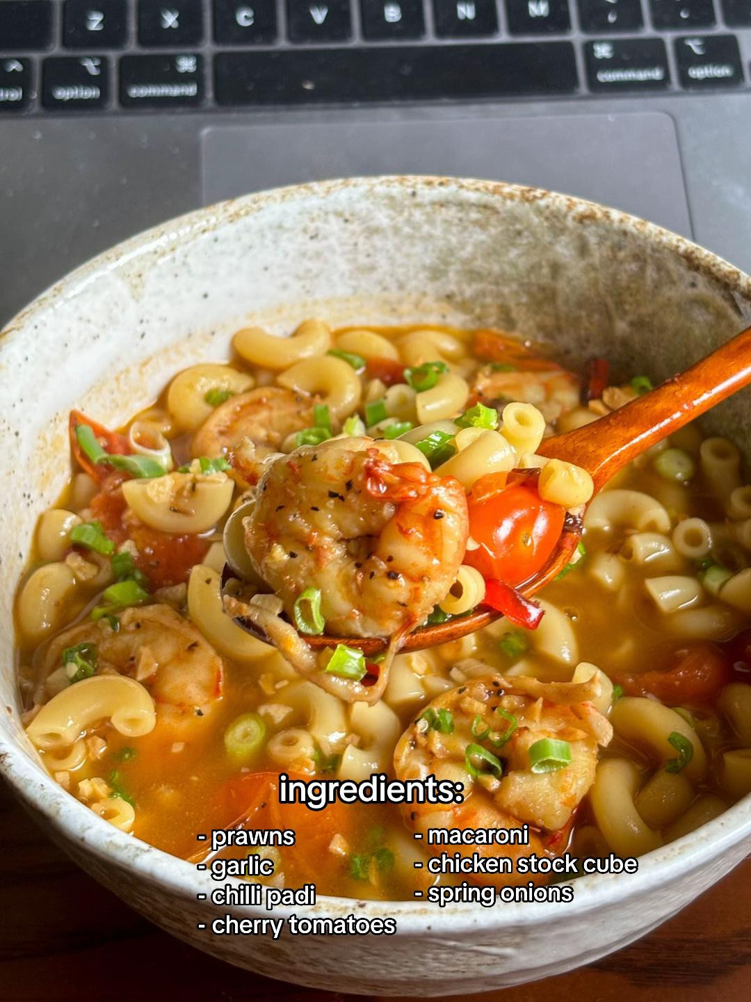 Spicy Tomato Garlic Macaroni Soup with Prawns