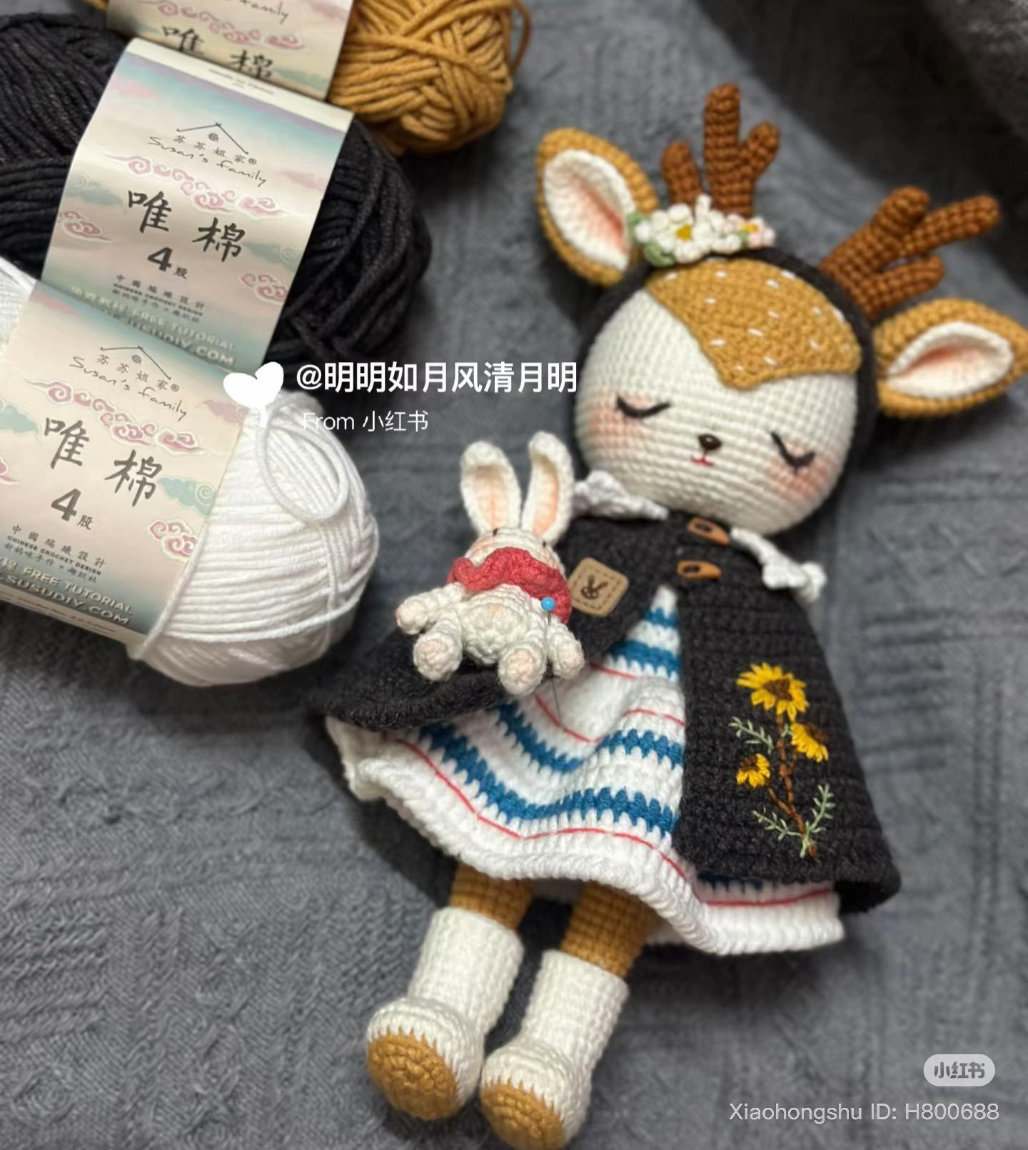 Spring Deer Amigurumi Doll with Embroidered Cape and Bunny