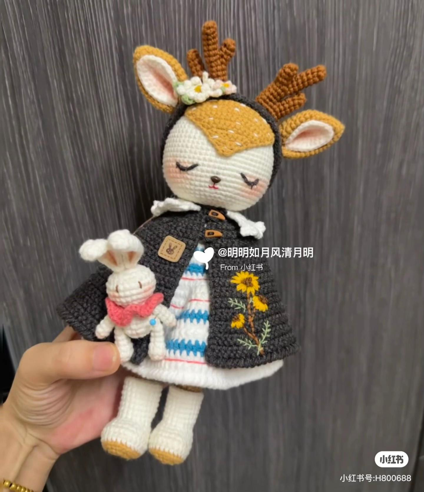 Spring Deer Amigurumi Doll with Embroidered Cape and Bunny