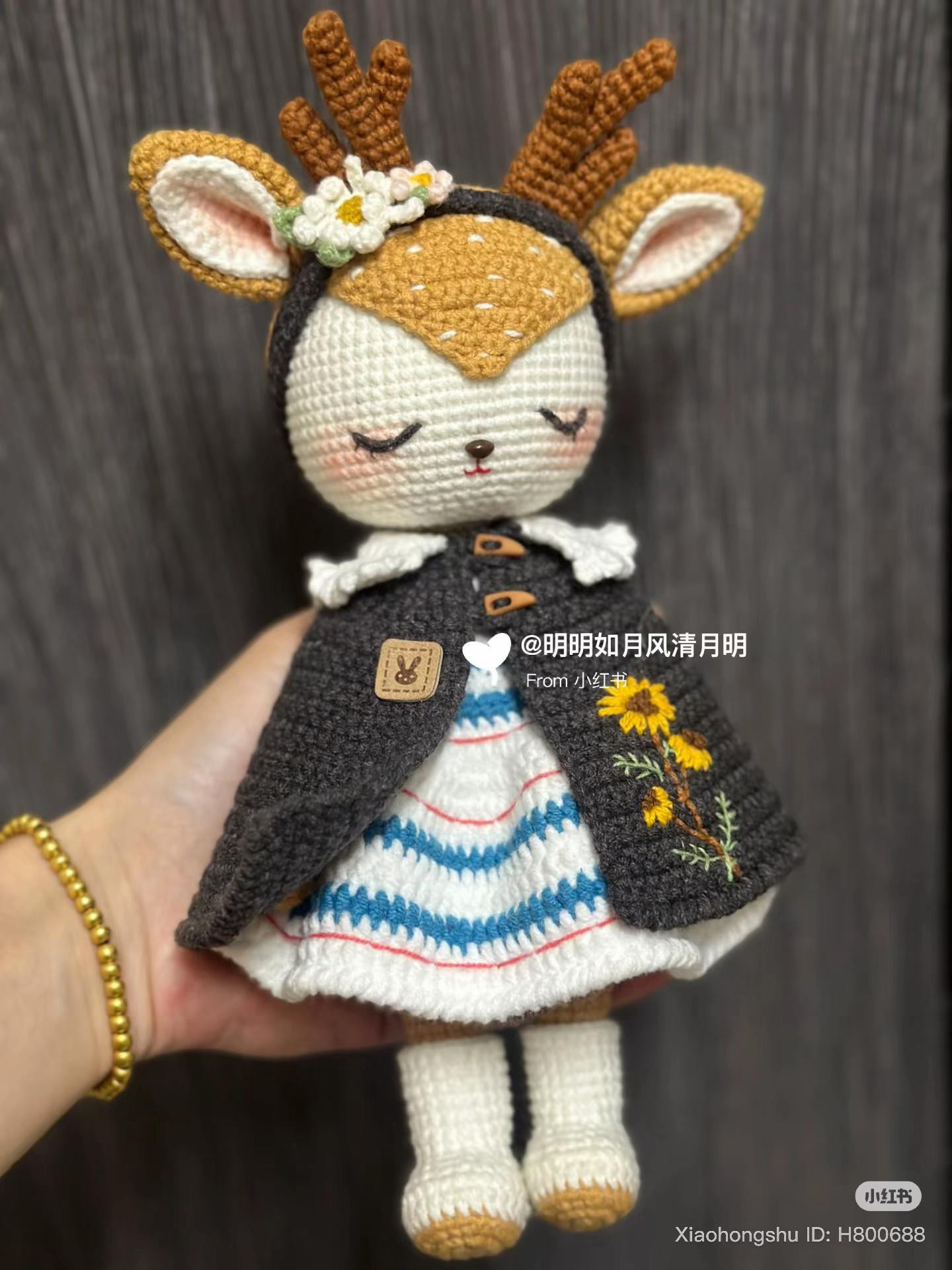 Spring Deer Amigurumi Doll with Embroidered Cape and Bunny