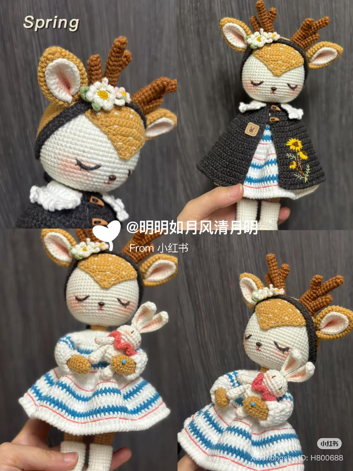 Spring Deer Amigurumi Doll with Embroidered Cape and Bunny