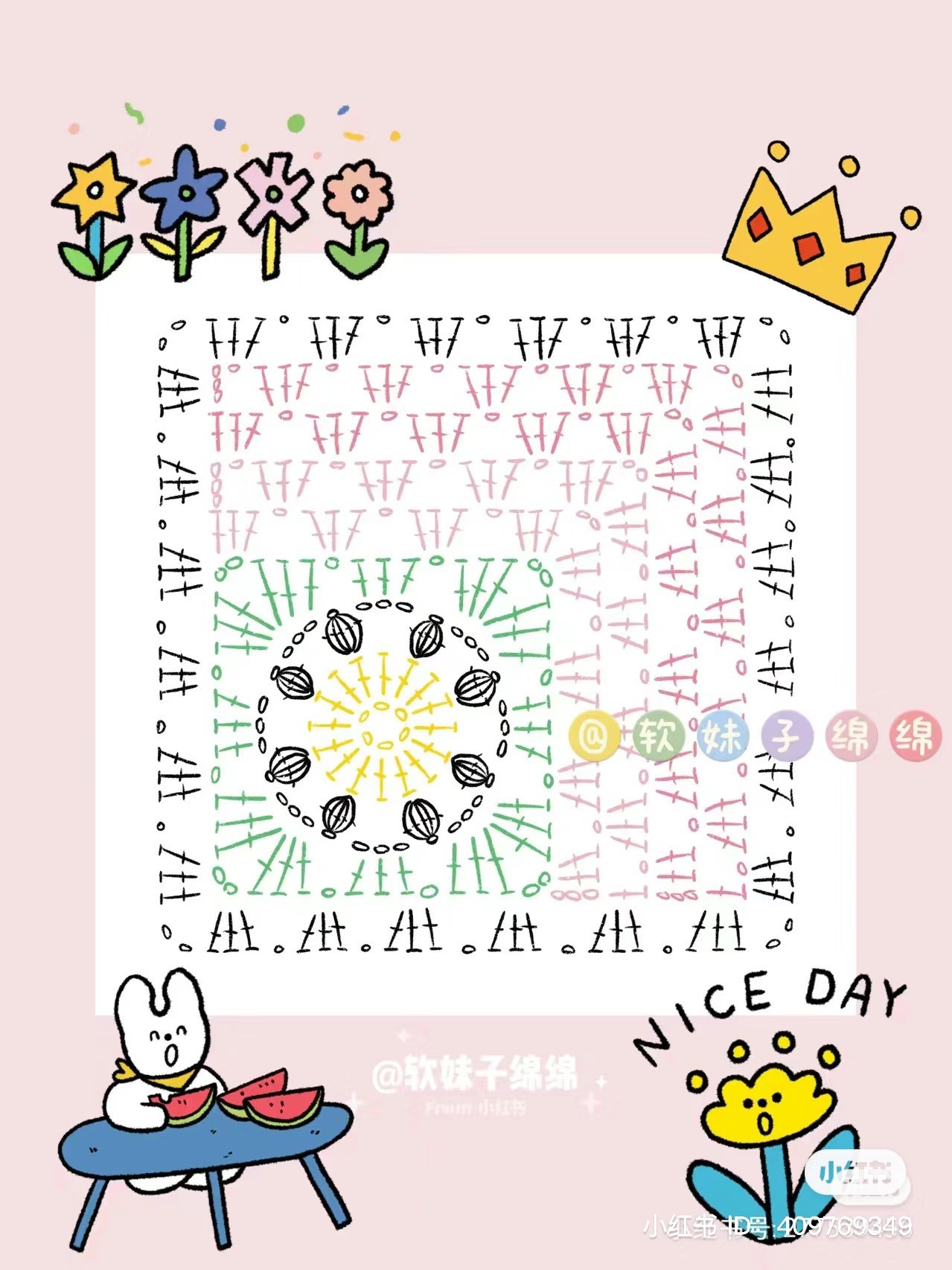 Spring Pastel Flower Granny Square Crochet Chart Pattern with Instructions