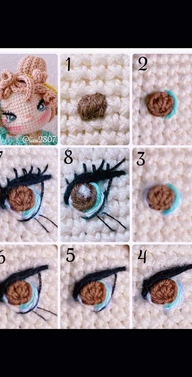 Step-by-step tutorial for creating detailed amigurumi doll eyes using embroidery and crochet techniques