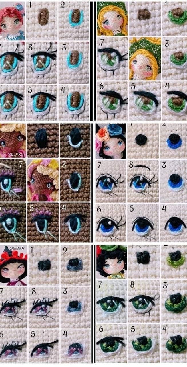 Step-by-step tutorial for creating detailed amigurumi doll eyes using embroidery and crochet techniques