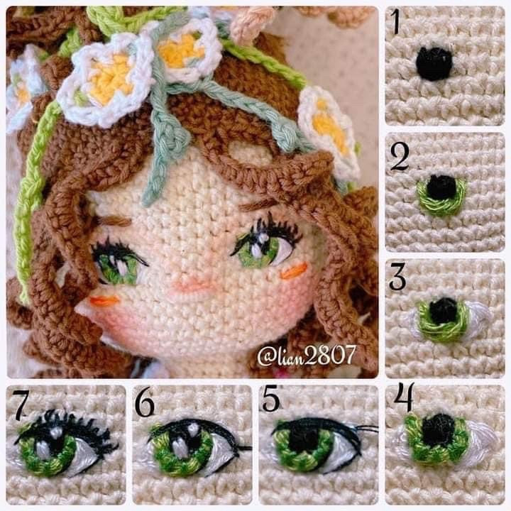 Step-by-step tutorial for creating detailed amigurumi doll eyes using embroidery and crochet techniques