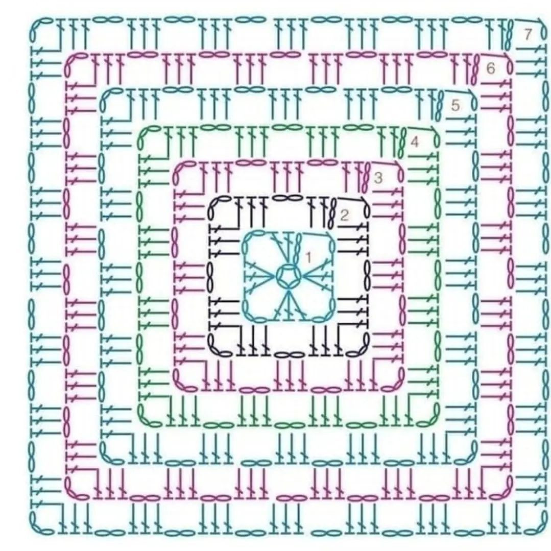 Stitch diagram and colorful examples of Granny Square crochet pattern with detailed flat chart instructions