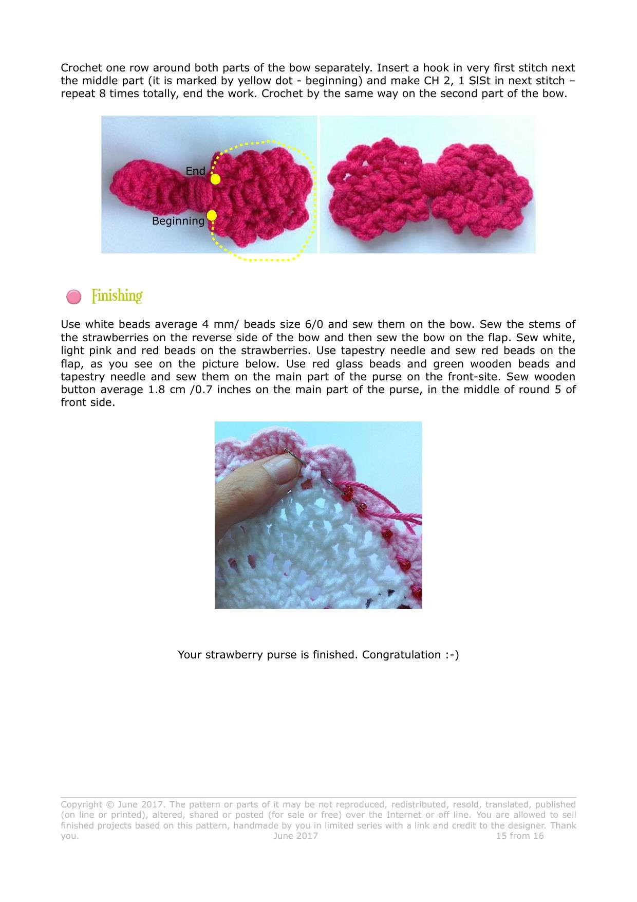 Strawberry purse crochet pattern by Vendula Maderska, red and white bag with beads