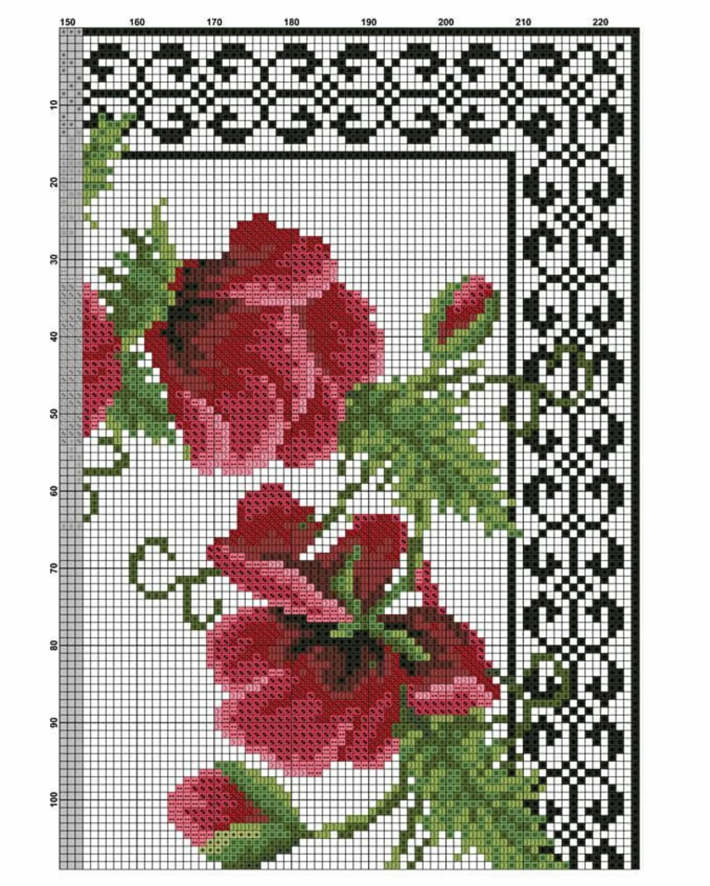 Sulhan Red Roses Cross Stitch Chart with Traditional Black and White Border Pattern