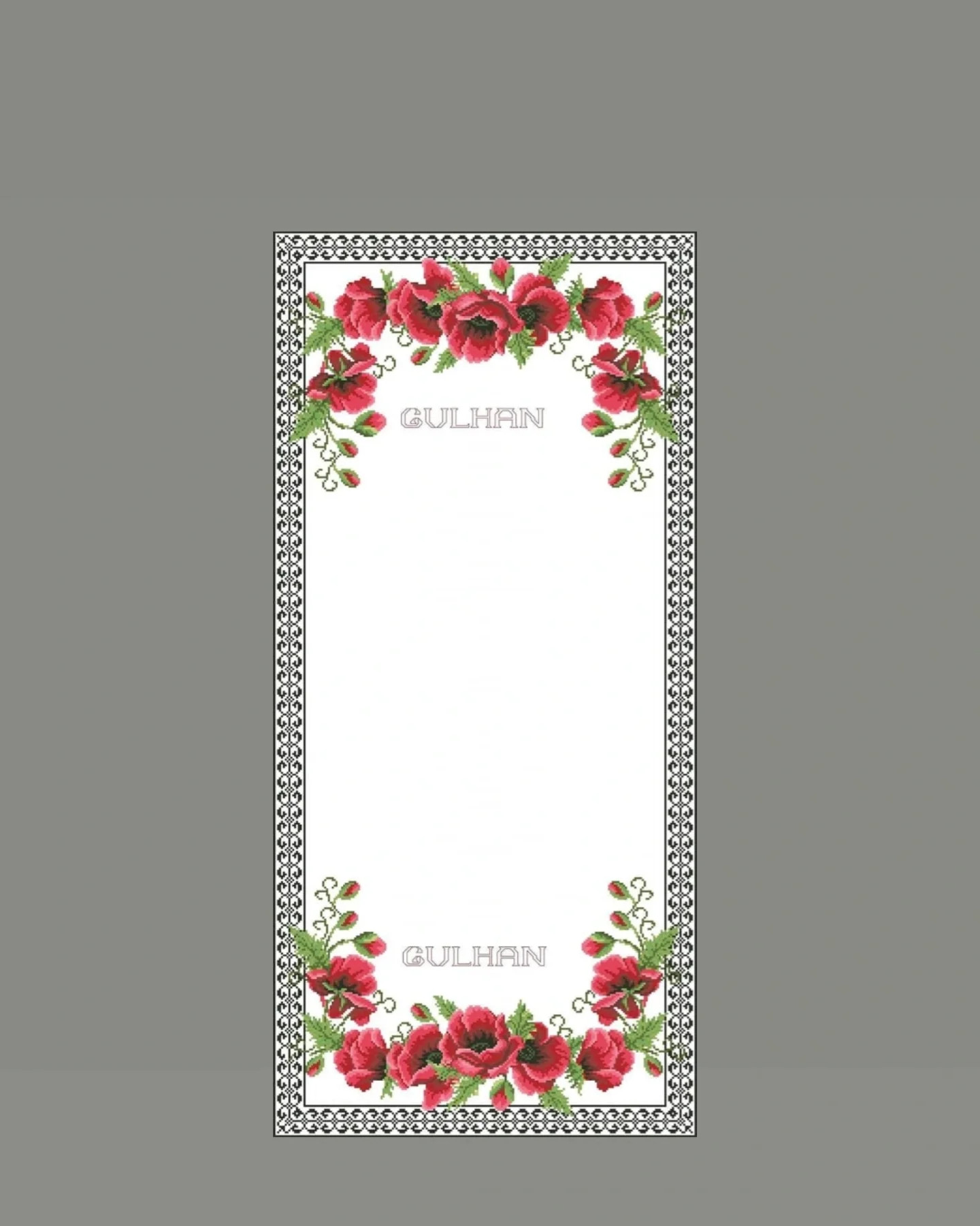 Sulhan Red Roses Cross Stitch Chart with Traditional Black and White Border Pattern