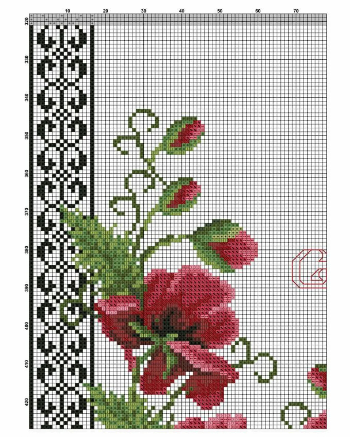 Sulhan Red Roses Cross Stitch Chart with Traditional Black and White Border Pattern