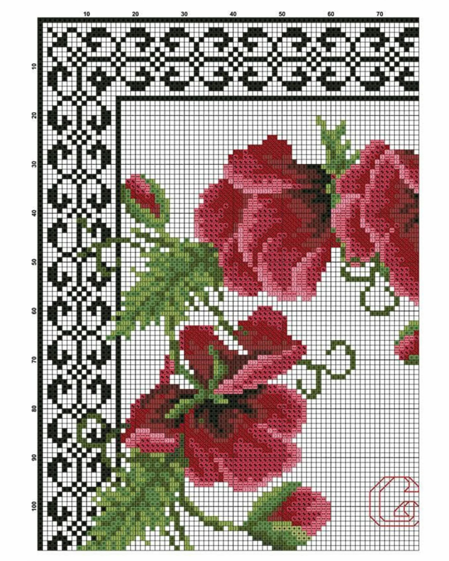 Sulhan Red Roses Cross Stitch Chart with Traditional Black and White Border Pattern
