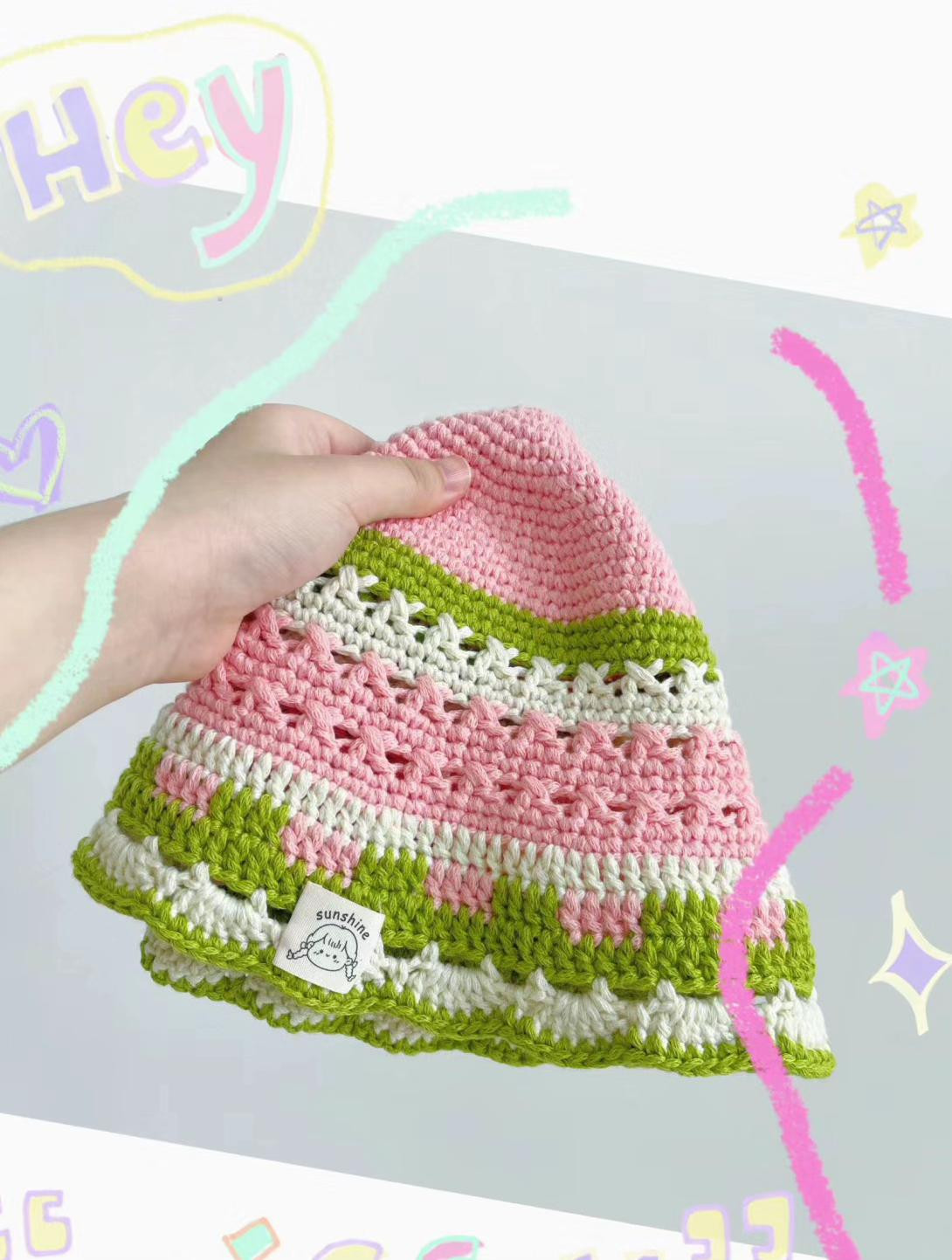 Summer Dopamine Crochet Hat Pattern - Pink, Green & White Bucket Hat