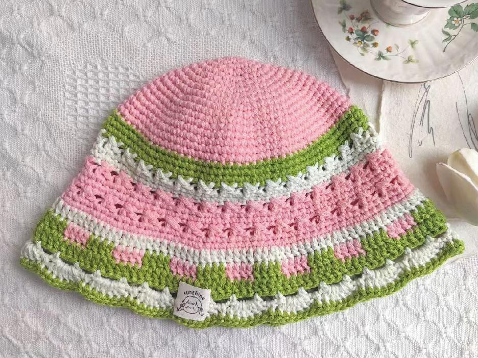 Summer Dopamine Crochet Hat Pattern - Pink, Green & White Bucket Hat