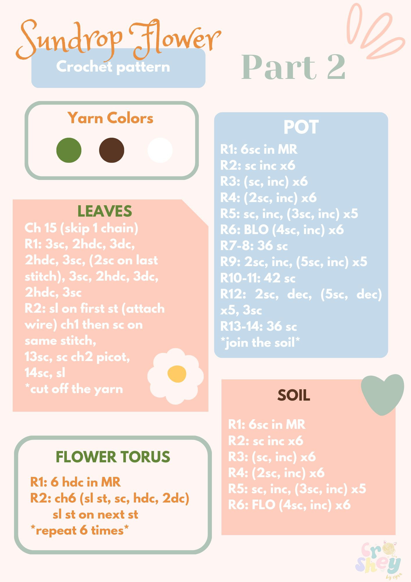 Sundrop Flower Crochet Pattern Part 2: Leaves, Pot & Soil Instructions