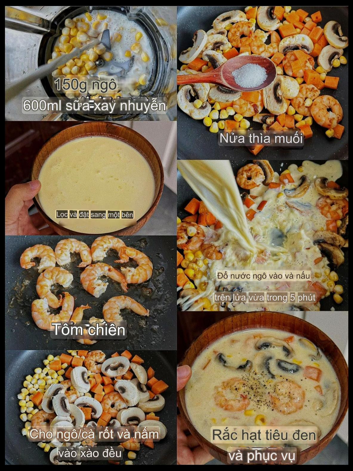 Súp kem ngô nấm tôm béo ngậy, công thức nấu ăn đơn giản với cà rốt và sữa tươi