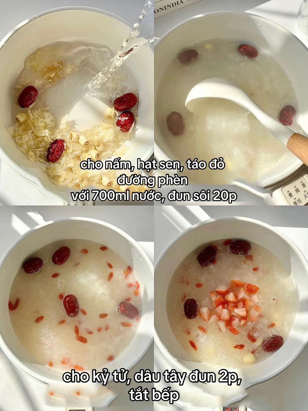 Súp nấm tuyết dâu tây, táo đỏ, hạt sen và kỷ tử bổ huyết, bổ sung collagen giúp da hồng hào