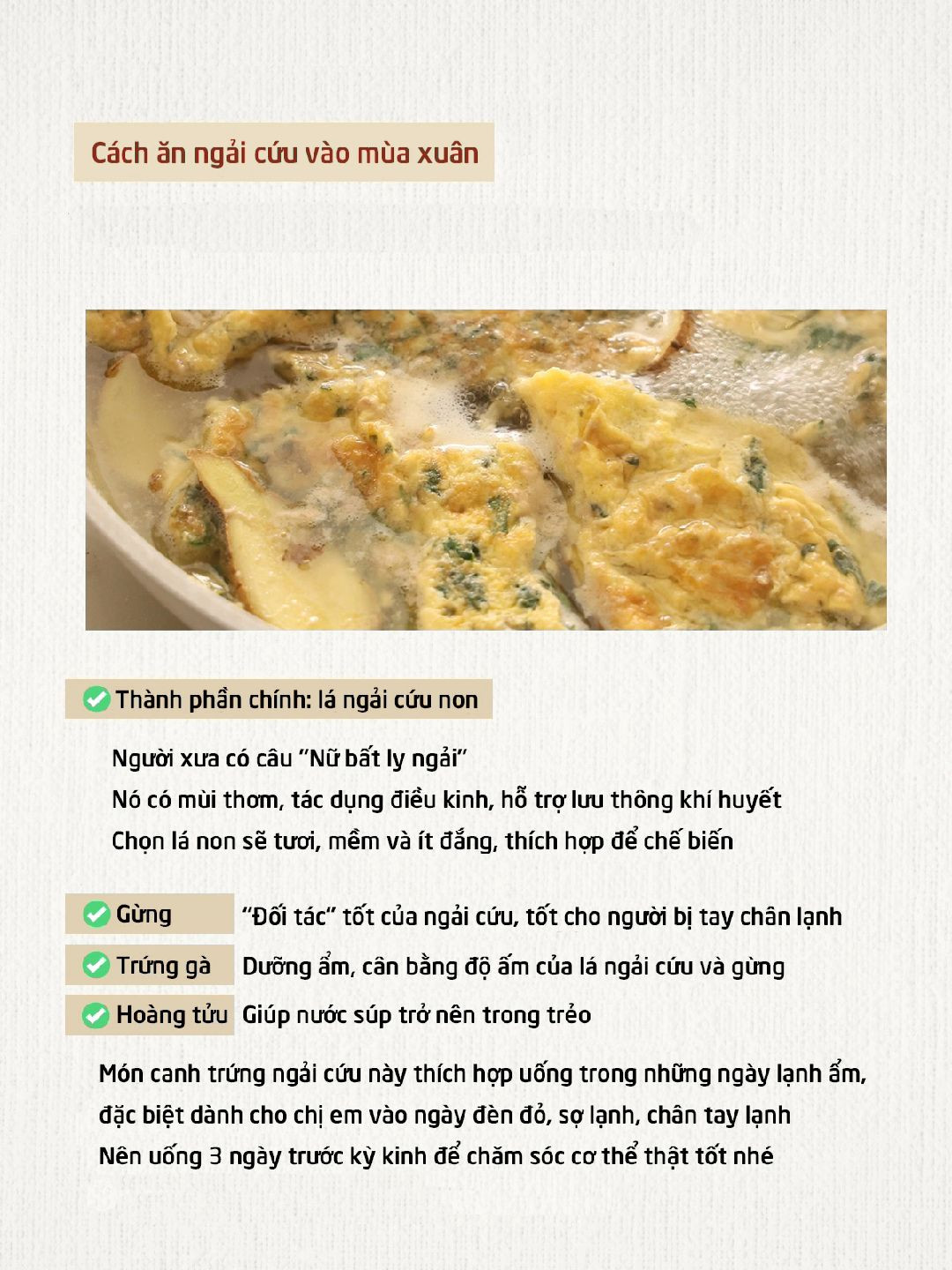 Súp trứng ngải cứu: Món ăn thanh mát, bổ sung khí huyết cho ngày đèn đỏ