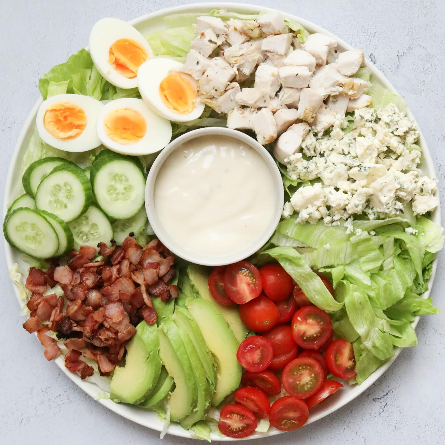 Super Easy Cobb Salad Recipe with Chicken, Bacon, Eggs, Avocado and Blue Cheese