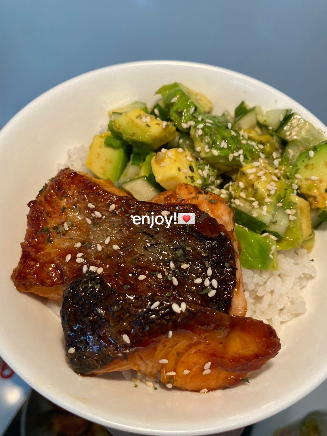 Super Easy Salmon Teriyaki Rice Bowl Recipe with Avocado Salad and 3-Ingredient Honey Soy Sauce