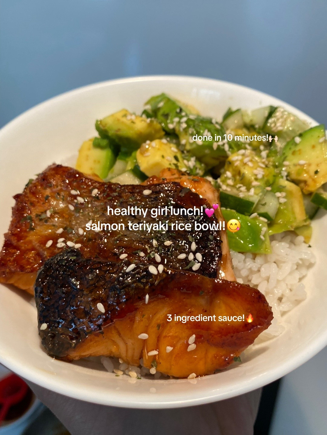 Super Easy Salmon Teriyaki Rice Bowl Recipe with Avocado Salad and 3-Ingredient Honey Soy Sauce