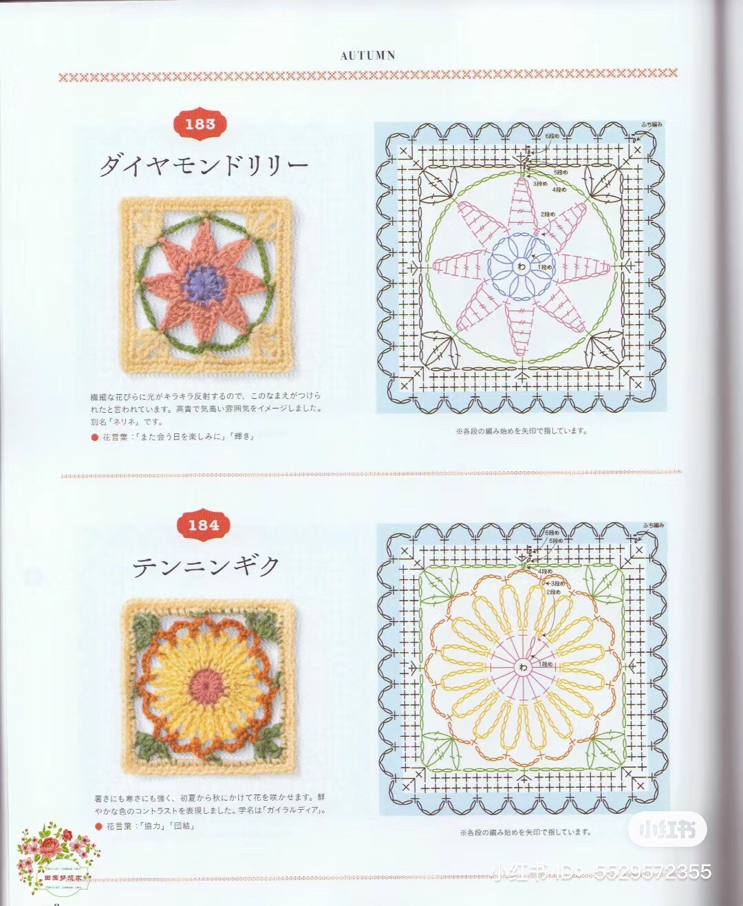 Tập hợp các mẫu móc len hình vuông hoa mùa hè và mùa thu