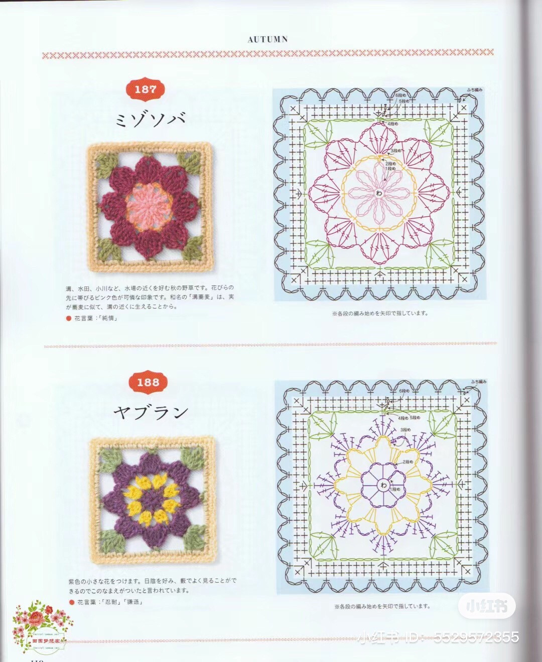 Tập hợp các mẫu móc len hình vuông hoa mùa hè và mùa thu