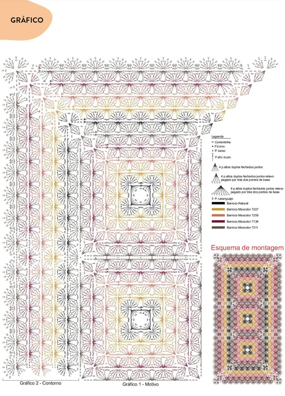Tapete Veneziano e Flor Quartzo: Gráficos de Crochê Detalhados com Cores Vibrantes