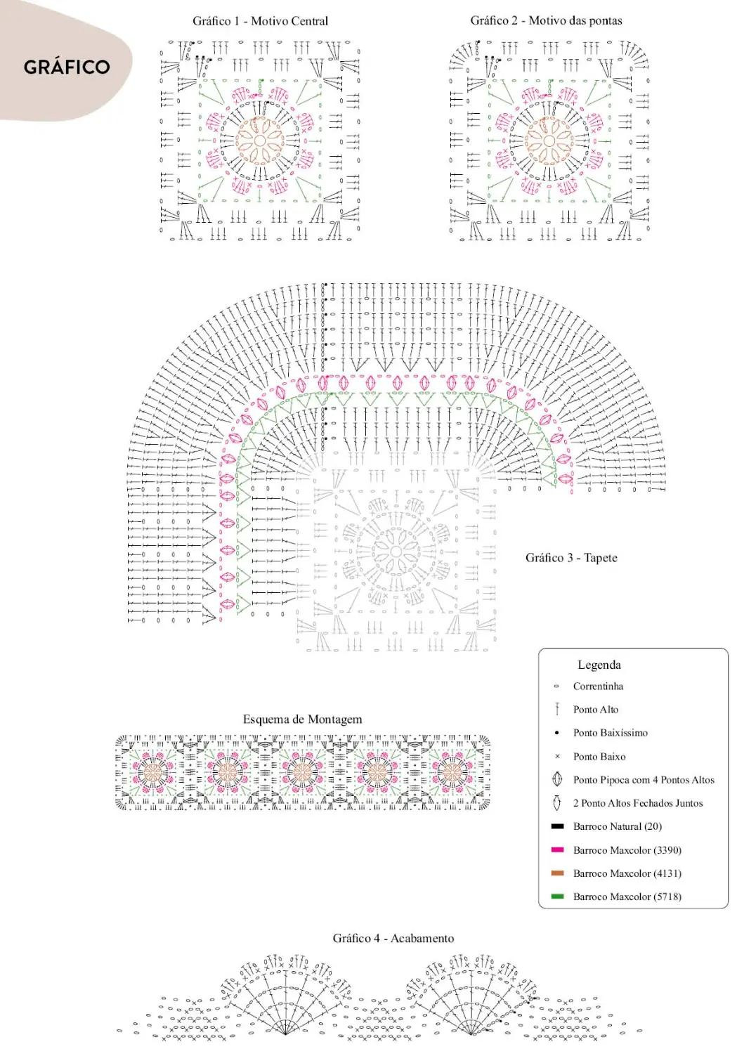 Tapete Veneziano e Flor Quartzo: Gráficos de Crochê Detalhados com Cores Vibrantes