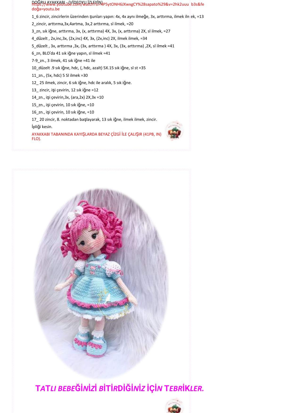 TATLI BEBEK - Hướng dẫn móc len búp bê tóc hồng mặc váy xanh