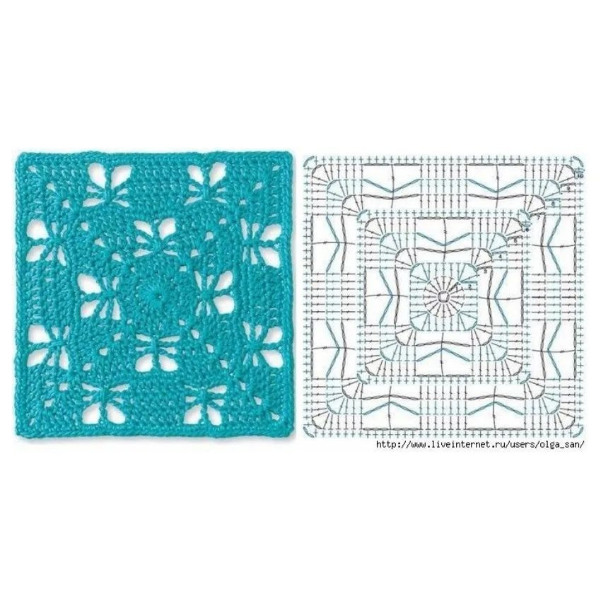 Teal Crochet Granny Square Motif with Butterfly Design and Flat Chart Pattern