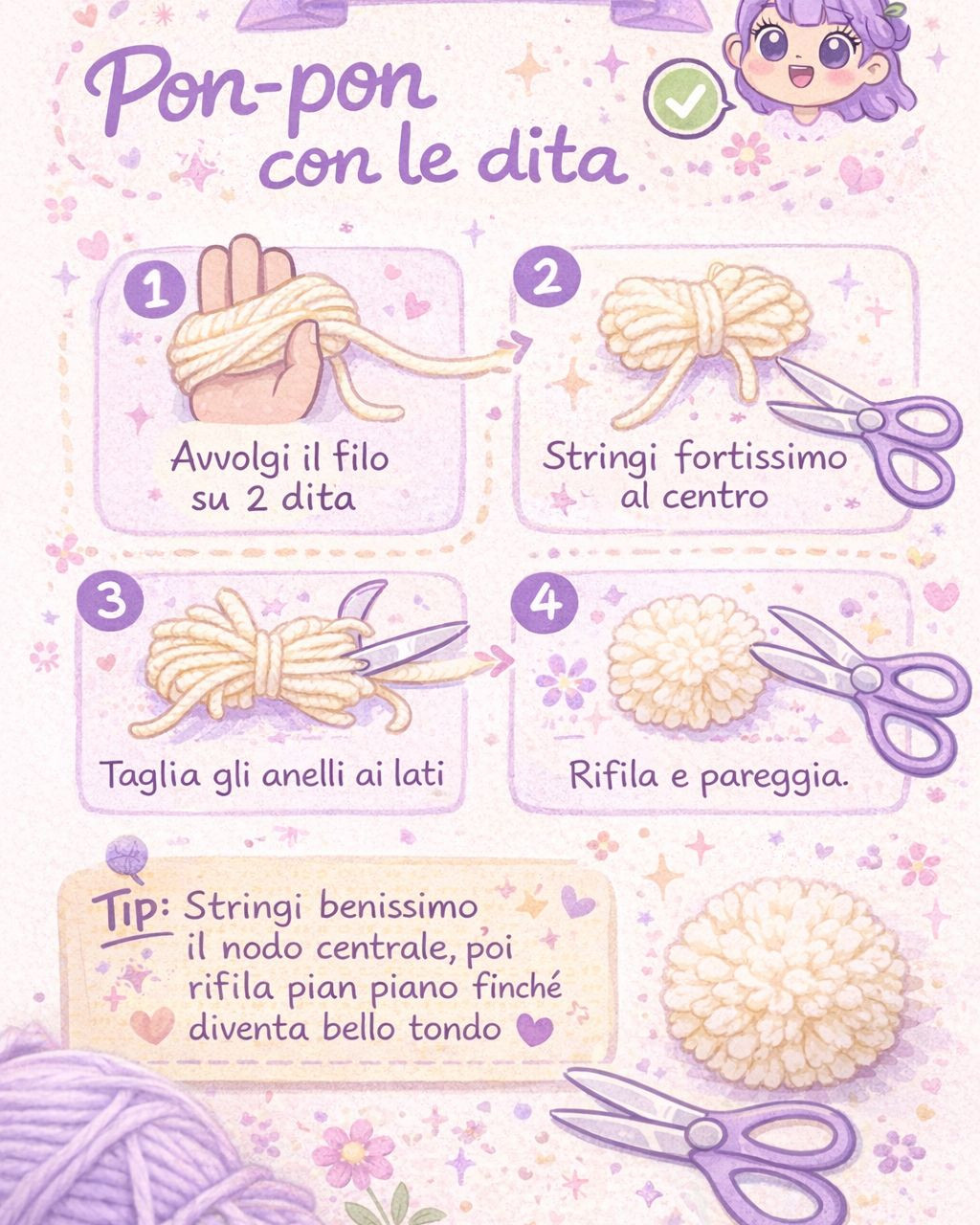 Tecnica Pon-pon con le dita: Guida illustrata passo-passo per creare pon-pon morbidi in lana