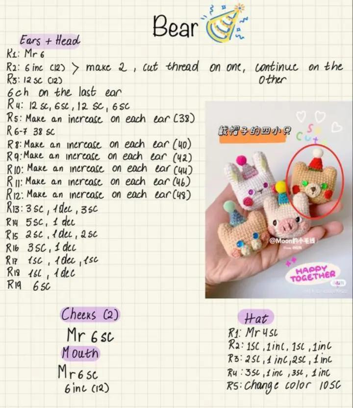 Teddy Bear Crochet Pattern Chart: Head, Body, Ears & Accessories